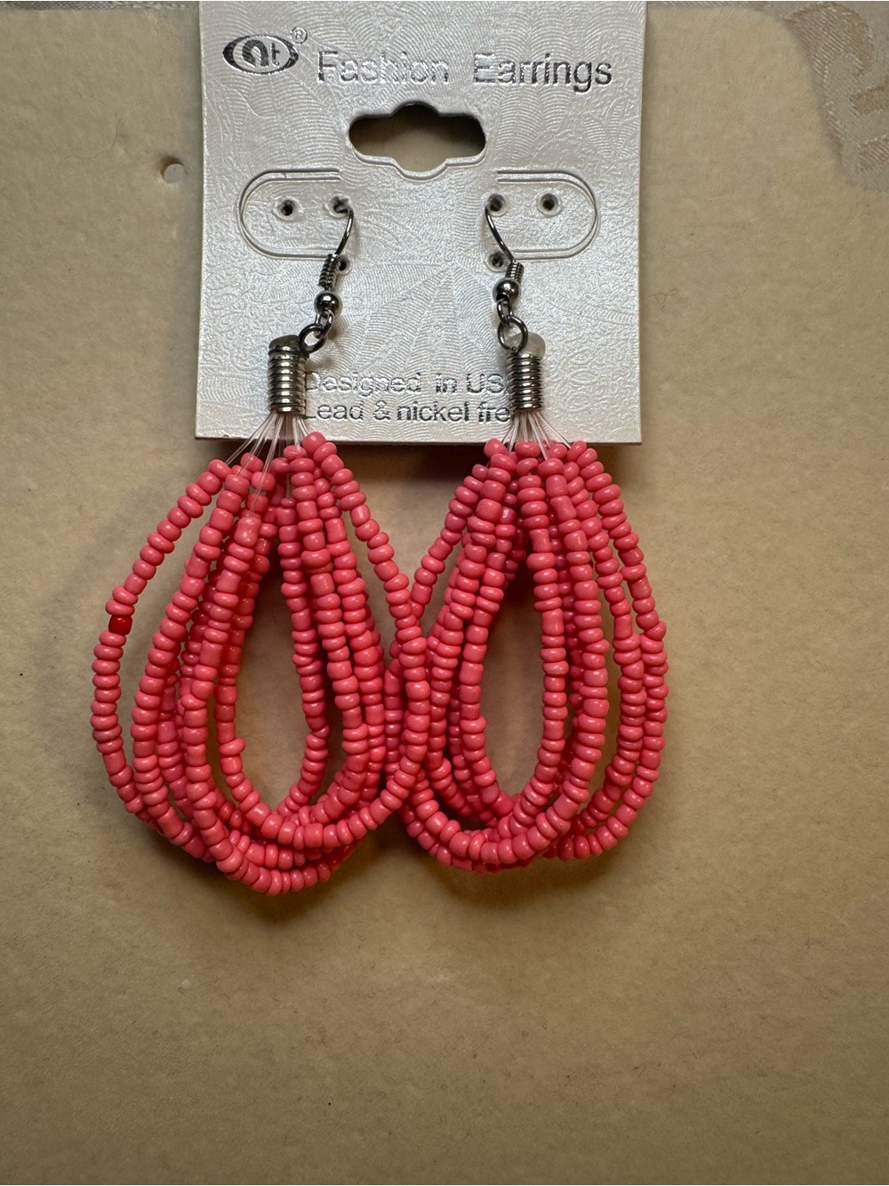 NWT Coral Pink Beaded Teardrop Loop Earrings